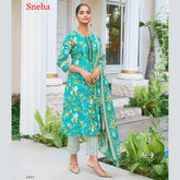 Premium Cotton Kurta Set with Foil Print, Embroidery & Printed Dupatta - SNEHA1006